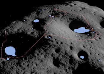 Sulla sinistra il cratere Nobile. In rosso il percorso previsto per il rover VIPER, in azzurro le zone dove si stima sia presente più ghiaccio. Credits: NASA