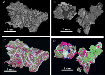 Immagine ottenuta con un microscopio elettronico attraverso un rilevatore BSE (Back Scattered Electron) dei campioni di roccia A e B di Chang'e 5. Credits:  Xiaochao Che et Al.