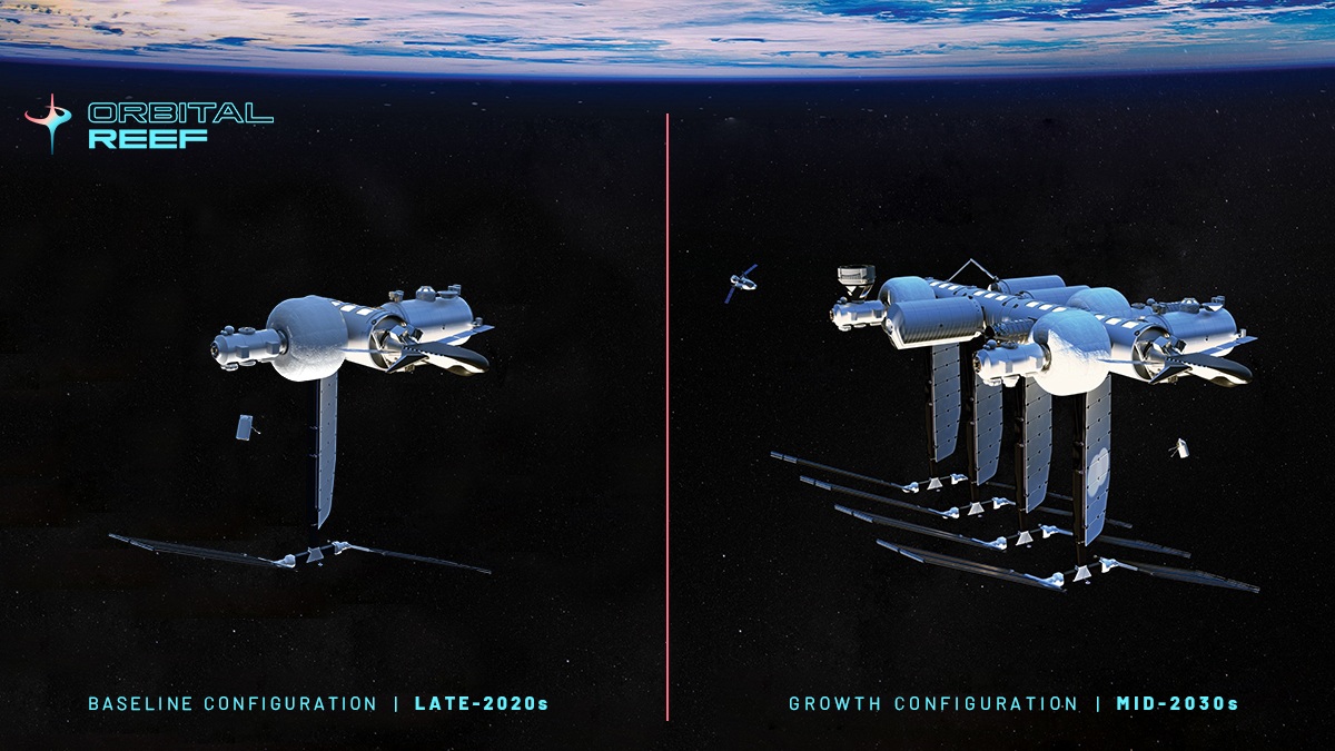 Le due fasi di costruzione di Orbital Reef previste da Blue Origin. Credits: Blue Origin. 