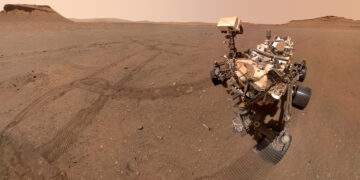 Perseverance della NASA ha scattato questo selfie guardando dall'alto in basso uno dei 10 campioni depositati nell'area soprannominata "Three Forks". L'immagine è stata scattata dalla telecamera WATSON sul braccio robotico del rover il 20 gennaio 2023, il 684° giorno marziano, o sol, della missione. Credits: NASA/JPL-Caltech/MSSS