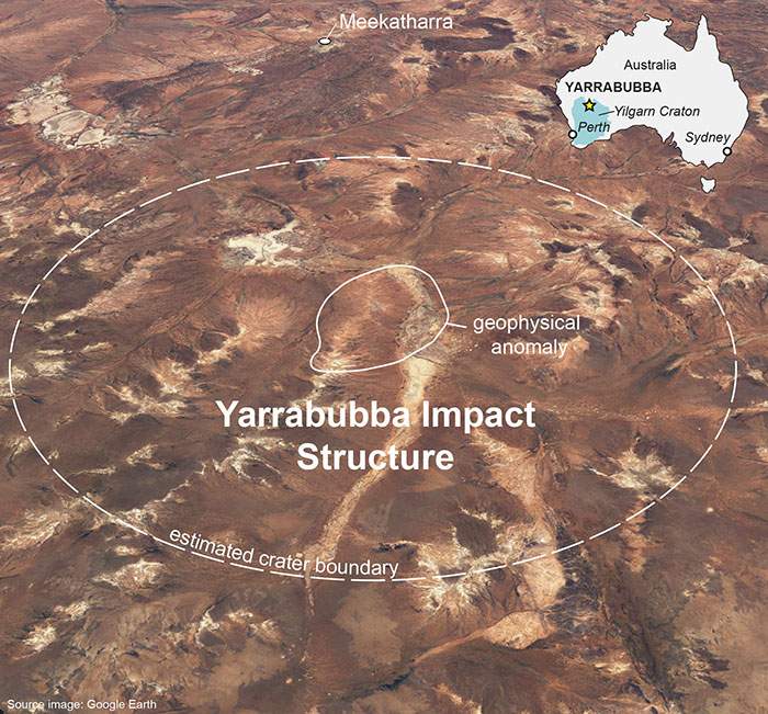 Il cratere Yarrabubba, largo 70 km, si trova in cima a un antico pezzo di crosta terrestre noto come Yilgarn Craton. Credits: Chris Kirkland 
