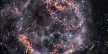 Il resto di supernova Cassiopea A immortalato dalla NIRCam del James Webb. Credits: NASA, ESA, CSA, STScI, D. Milisavljevic (Purdue University), T. Temim (Princeton University), I. De Looze (Università di Gent)