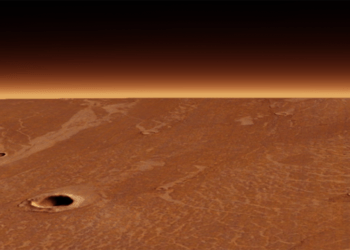 Immagine scattata dall'orbiter Mars Express dell'ESA, che mostra una vista obliqua focalizzata su uno dei vasti flussi di lava nell'Elysium Planitia di Marte. Credits: ESA/DLR/FU Berlino