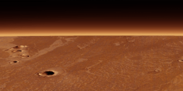 Immagine scattata dall'orbiter Mars Express dell'ESA, che mostra una vista obliqua focalizzata su uno dei vasti flussi di lava nell'Elysium Planitia di Marte. Credits: ESA/DLR/FU Berlino