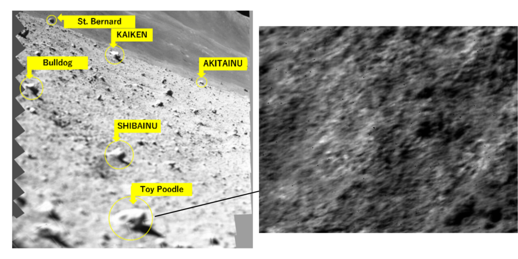 A sinistra una foto scattata subito dopo l'allunaggio, delle rocce in prossimità del lander, con i loro nomi. A destra un dettaglio della rocca Toy Poddle, realizzata dopo la riattivazione di SLIM. (Credit: JAXA, RITSUMEIKAN UNIVERSITY, THE UNIVERSITY OF AIZU)