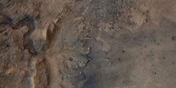 Ripresa aerea del cratere Jezero, vista dal Mars Express Orbiter dell'ESA, che Perseverance sta esplorando alla ricerca di segni di vita microbica. Credits: ESA/DLR/FU-Berlin