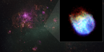 Il resto della supernova N132D, nella porzione centrale della Grande Nube di Magellano, catturato ai raggi X con lo strumento Xtend del telescopio spaziale giapponese XRISM. Credits: riquadro, JAXA/NASA/XRISM Xtend; background, C. Smith, S. Points, il team MCELS e NOIRLab/NSF/AURA