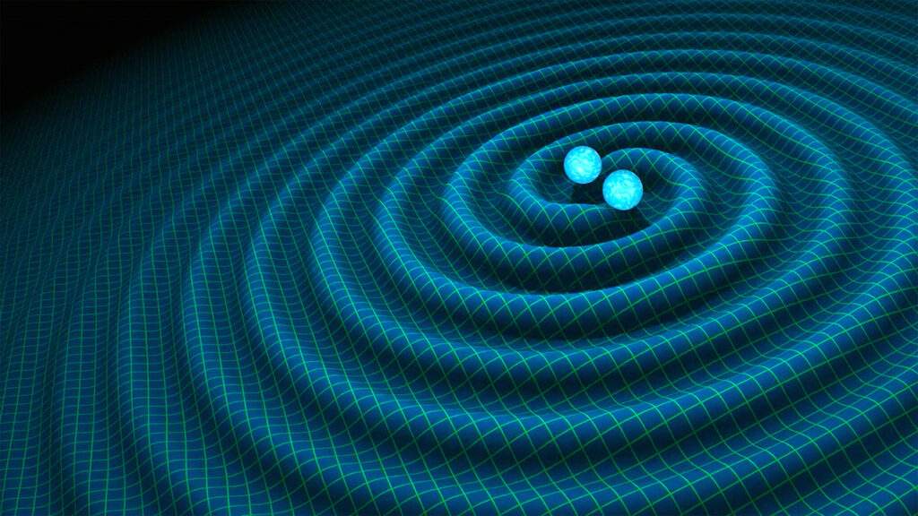 Illustrazione artistica di due buchi neri che si muovono a spirale insieme, creando onde gravitazionali nel processo. Credits: NASA