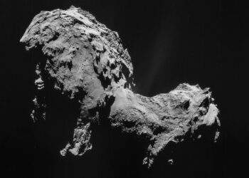 Immagine della cometa 67P/Churyumov-Gerasimenko fotografata dalla fotocamera NAVCAM di Rosetta il 19 settembre 2014. Credits: ESA/Rosetta/NAVCAM