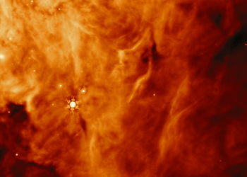 Immagine scattata dallo strumento MIRI del James Webb nel medio infrarosso, di una regione parallela alla massiccia protostella IRAS23385. Credits: ESA/Webb, NASA, CSA, W. Rocha et al. (Università di Leida)