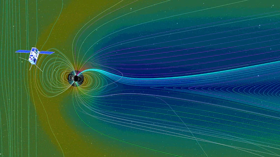 Rappresentazione del campo magnetico terrestre mentre viene investito dalle particelle cariche emesse a seguito di un'espulsione di massa coronale. Credits: NASA/Goddard Space Flight Center.