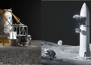 Un render delle due versioni cargo di Starship e del lander di Blue Origin in versione cargo per la Luna