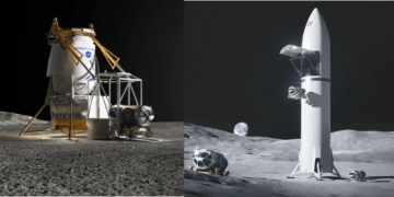 Un render delle due versioni cargo di Starship e del lander di Blue Origin in versione cargo per la Luna