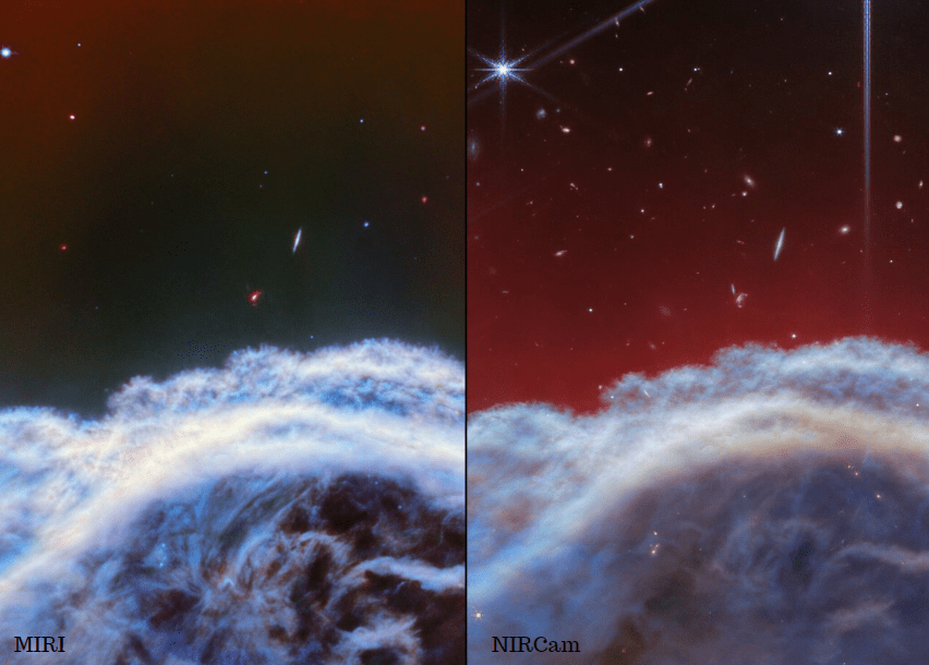 Dettaglio superiore della nebulosa Testa di Cavallo ottenuto nel medio infrarosso con MIRI (a sinistra) e nel vicino infrarosso con la NIRCam (a destra) di Webb. Sopra la nebulosa si vedono stelle e galassie lontane. Credits: ESA/Webb, NASA, CSA, K. Misselt (Università dell’Arizona) e A. Abergel (IAS/Università Paris-Saclay, CNRS)