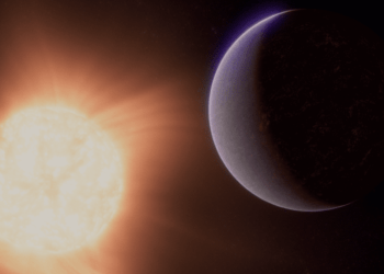 Rappresentazione artistica di come potrebbe apparire l'esopianeta 55 Cancri e sulla base delle osservazioni del James Webb Space Telescope della NASA e di altri osservatori. Le osservazioni della NIRCam e del MIRI di Webb suggeriscono che il pianeta potrebbe essere circondato da un'atmosfera ricca di CO2 o CO, Credits: NASA/ESA, CSA, Ralf Crawford (STScI)