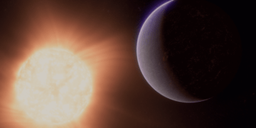 Rappresentazione artistica di come potrebbe apparire l'esopianeta 55 Cancri e sulla base delle osservazioni del James Webb Space Telescope della NASA e di altri osservatori. Le osservazioni della NIRCam e del MIRI di Webb suggeriscono che il pianeta potrebbe essere circondato da un'atmosfera ricca di CO2 o CO, Credits: NASA/ESA, CSA, Ralf Crawford (STScI)