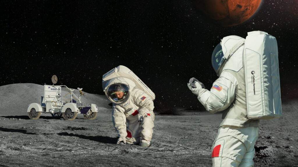 Un render delle tute spaziali di Collins usate sulla Luna. Credits: Collins.