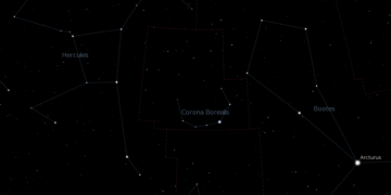 Posizione della costellazione della Corona Boreale nel cielo settentrionale estivo. Credits: Stellarium