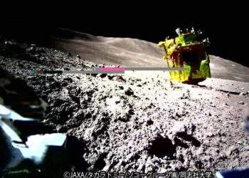 Il lander giapponese SLIM sulla superficie della Luna, fotografato dal rover LEV-2. Credits: JAXA