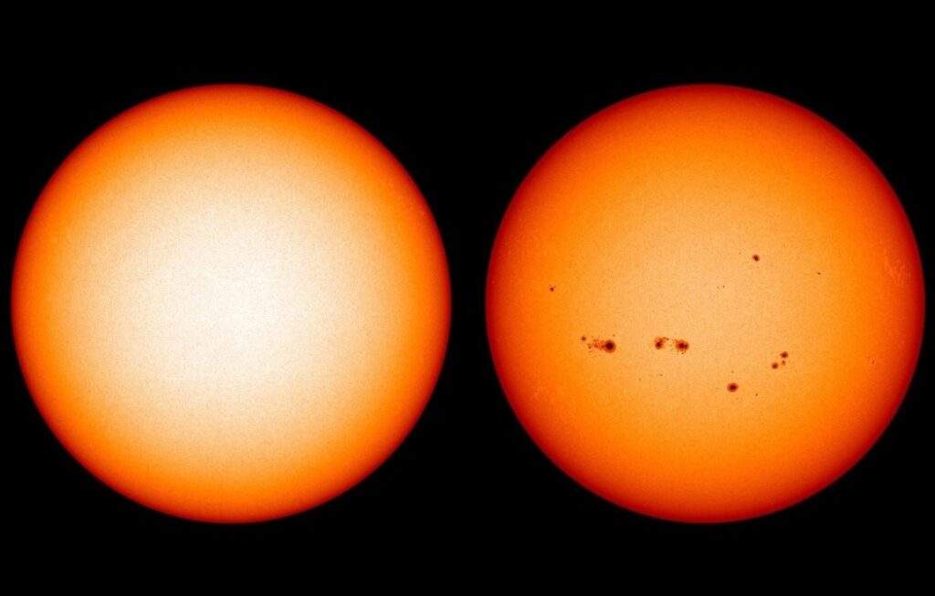 Durante il minimo solare del dicembre 2019 (a sinistra), all'inizio del Ciclo 25, sulla superficie del Sole non è visibile una singola macchia solare. Durante il massimo solare avvenuto nel mese di luglio 2014 (a destra), a metà del Ciclo 24, diverse macchie solari erano ben visibili. Credits: NASA/SDO/Joy Ng