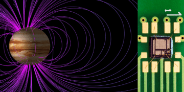 A sinistra: il campo magnetico di Giove fornisce informazioni sulla sua composizione interna, struttura, dinamica e sulla sua storia evolutiva. A destra: immagine del primo prototipo di sensore magnetometrico a stato solido 4H-SiC (2 mm per 2 mm) sviluppato da NASA-GRC. Credits: NASA/JPL