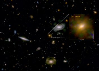 La "Galassia di Pablo", o GS-10578, con all'interno un buco nero supermassiccio che l'ha consumata fino a impedirle di produrre nuove stelle. Credits: NASA/ESA/CSA, D'Eugenio et al. 2024