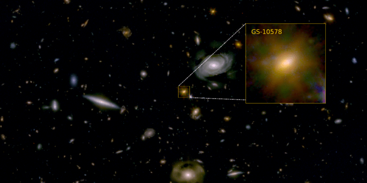 La "Galassia di Pablo", o GS-10578, con all'interno un buco nero supermassiccio che l'ha consumata fino a impedirle di produrre nuove stelle. Credits: NASA/ESA/CSA, D'Eugenio et al. 2024