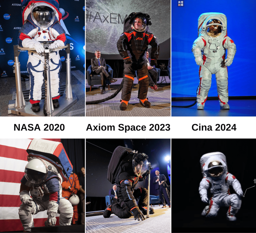 Confronto visivo fra le varie tute lunari presentate finora. Le tute della NASA non più in fase di sviluppo, essendo sostituite da quelle di Axiom Space. Credits: Astrospace.it 