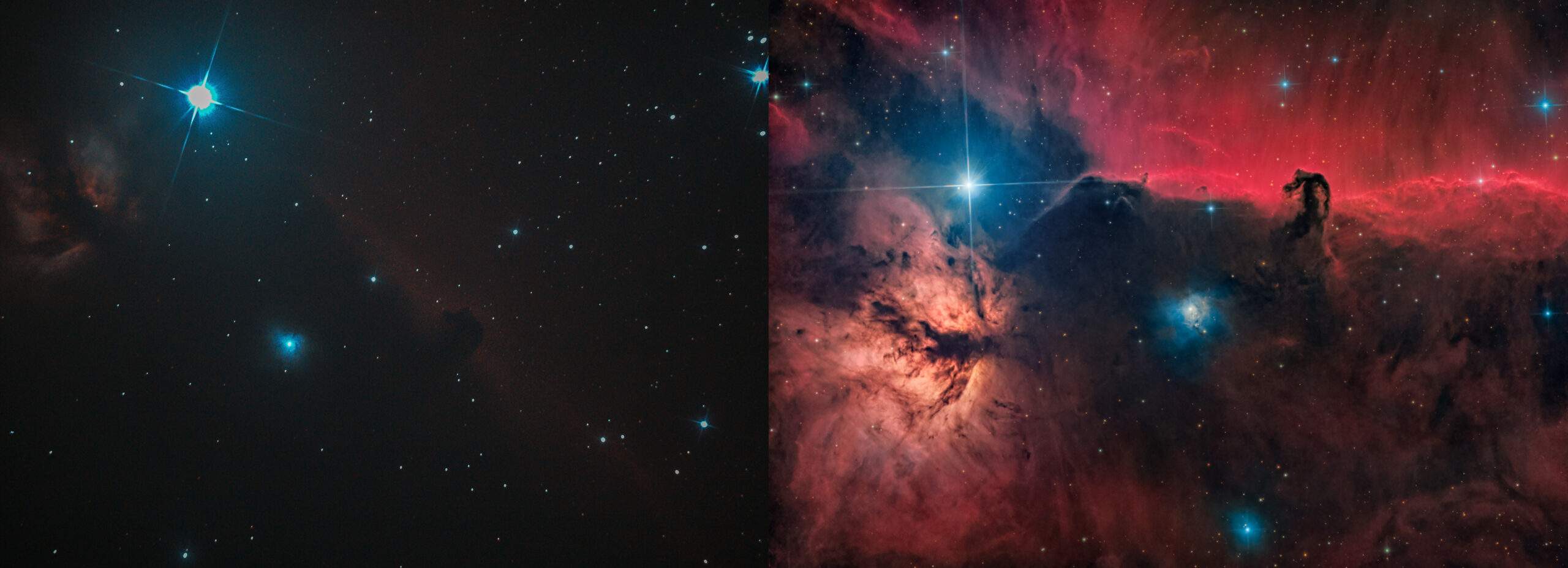 Queste due immagini ritraggono la stessa porzione di cielo con la nebulosa Fiamma in basso a sinistra e la nebulosa Testa di Cavallo in centro a destra. L’immagine a sinistra è stata scattata agli inizi del percorso di Luca Fornaciari come astrofotografo e mostra il fascino grezzo delle prime astrofotografie. L’immagine a destra, realizzata di recente, riflette invece anni di esperienza e crescita tecnica, rivelando dettagli straordinari di questa iconica nebulosa. Credits: Luca Fornaciari