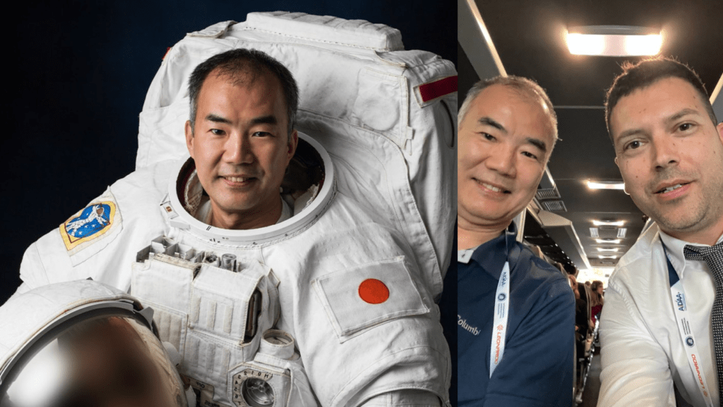 L'astronauta Noguchi. A destra, Noguchi sul pullman degli astronauti il 15 ottobre 2024 durante lo IAC2024 insieme all'autore Biagio Cimini di Astrospace.it.