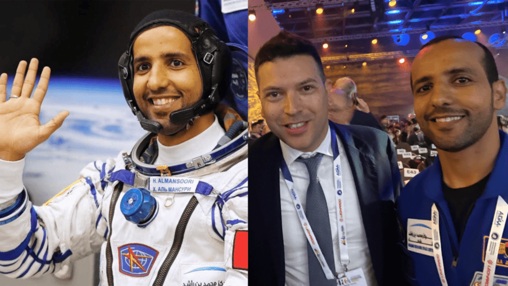 L’astronauta AlMansoori. A destra, AlMansoori il 15 ottobre 2024 durante lo IAC2024 insieme all’autore Biagio Cimini di Astrospace.it.