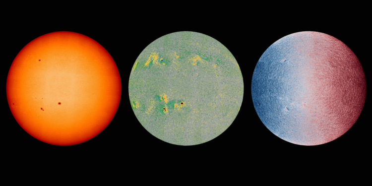 Nuove immagini in alta risoluzione del Sole ottenute con lo strumento PHI della missione Solar Orbiter dell'ESA. A sinistra, il Sole in luce visibile. Al centro una mappa del campo magnetico. A destra, una mappa del movimento del plasma superficiale. Credits: ESA & NASA/Solar Orbiter/PHI Team