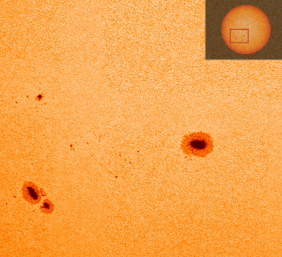 Uno zoom su alcune macchie solari nell'immagine in alta risoluzione in luce visibile ottenuta con PHI del Solar Orbiter. Credits: ESA & NASA/Solar Orbiter/PHI & EUI teams