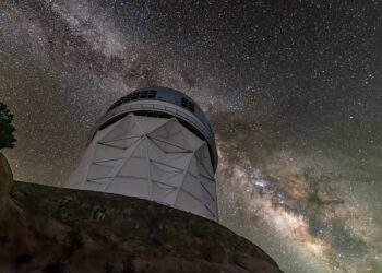 La Via Lattea fa da sfondo al telescopio da 4 metri Nicholas U. Mayall, presso il Kitt Peak National Observatory (KPNO) vicino a Tucson, in Arizona. Credits: KPNO/NOIRLab/NSF/AURA/R.T. Sparks